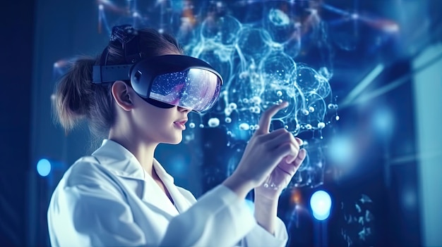 Em um laboratório, uma mulher usando um laboratório trabalha com holograma 3D emitindo um conceito de tecnologia de brilho suave