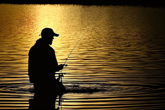 Em um lago, um pescador usa uma vara