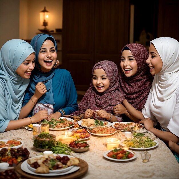 Em um lar caloroso e acolhedor, uma família muçulmana se reúne