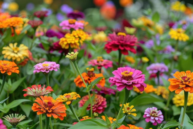 Em um leito de flores em um grande número de várias zinnias crescer e florescer