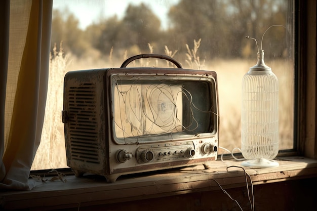 Em um lindo dia, um rádio antigo é exibido na janela