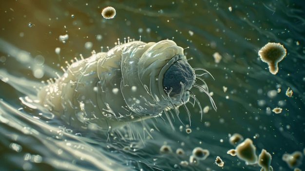 Em um mar de partículas minúsculas, um tardígrado é visto agarrado a uma cadeia de bactérias que se agarram por