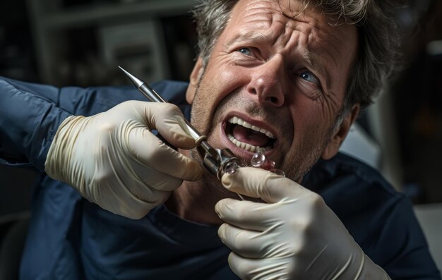 Em um momento de desconforto dental, um homem corajosamente enfrenta a extração de um dente doloroso com uma piscada de ansiedade.