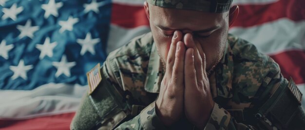 Em um momento de silêncio, um soldado oferece uma oração diante das estrelas e listras da bandeira americana.