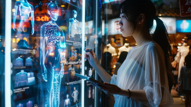 Em um movimentado bairro da cidade inteligente, uma designer de moda chinesa esboça novas ideias em um tablet digital cercada por exibições holográficas de suas criações