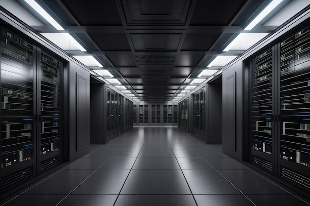 Em um mundo onde os dados são reis, um longo corredor de um data center moderno repleto de fileiras de racks de servidores mostra a importância da tecnologia avançada AI Generative