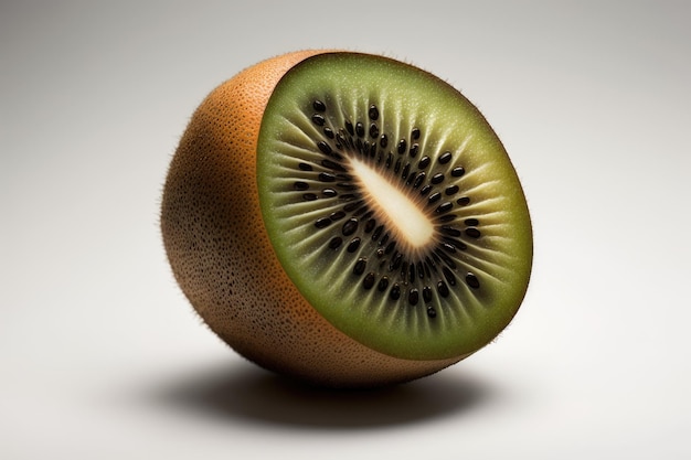 Em um pano de fundo branco, um kiwi meio maduro