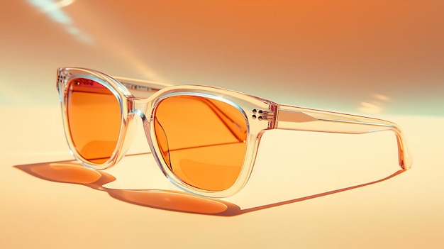 Em um pano de fundo de pêssego, óculos de sol de pêssegos com lentes translúcidas, raios solares, IA generativa.