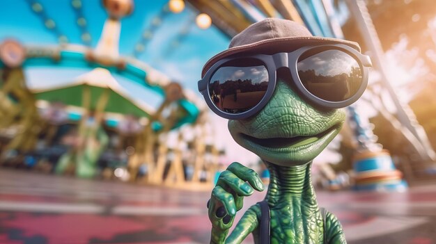 Em um parque temático, um alienígena usando óculos escuros tira uma selfie Generative AI