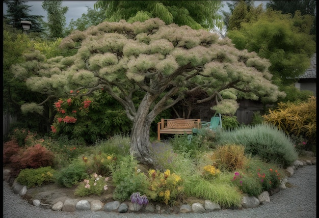 Em um pequeno jardim, uma árvore no estilo de foco empilhando bordas complexas geradas por IA