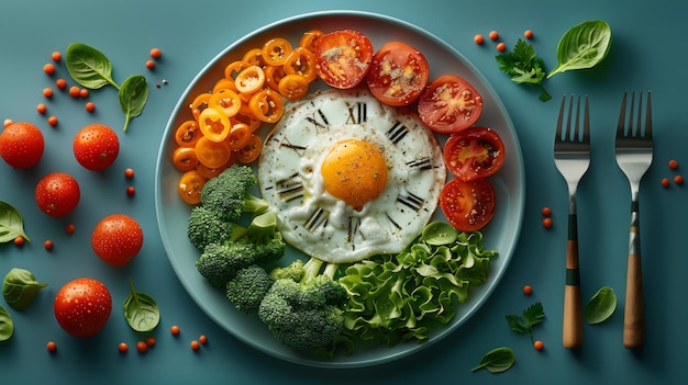 Em um prato, alimentos e talheres coloridos estão dispostos em forma de relógio, representando a perda de peso por jejum intermitente e a hora do almoço