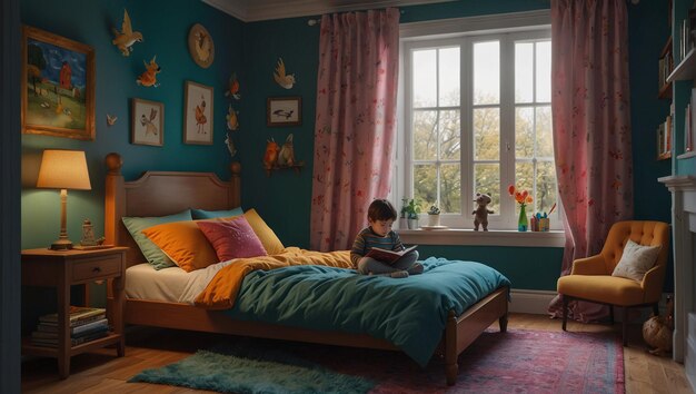 Em um quarto aconchegante um menino criança senta-se em sua cama com um livro aberto em seu colo e lê