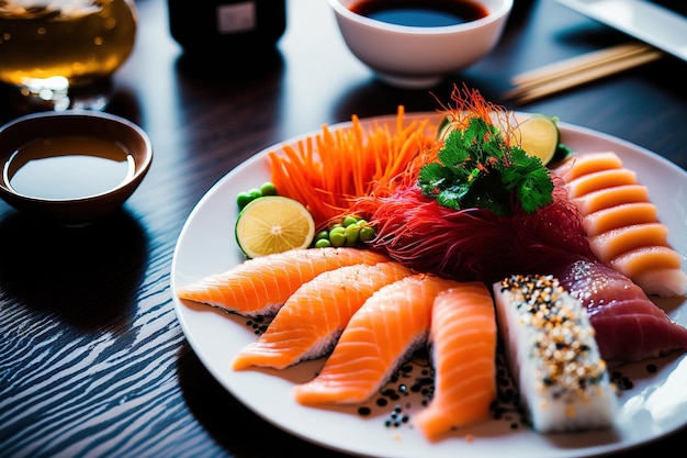 Em um restaurante asiático, os asiáticos estão comendo conjuntos de sashimi Salmão Hirame e pratos de sashimi de atum são servidos