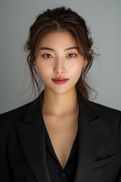 Em um retrato em close-up, uma bela jovem de ascendência coreana irradia confiança e sofisticação