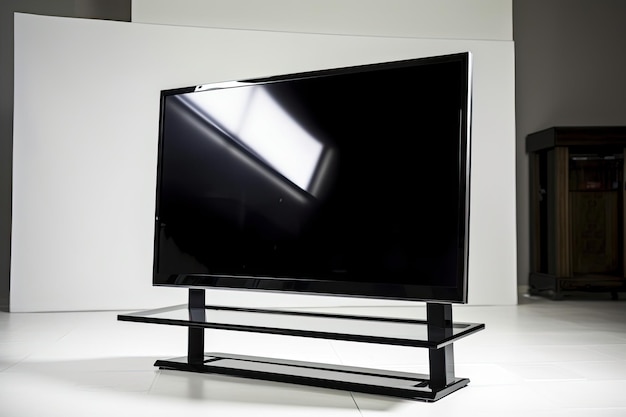 Em um suporte, uma TV LCD de plasma é visível com um fundo branco