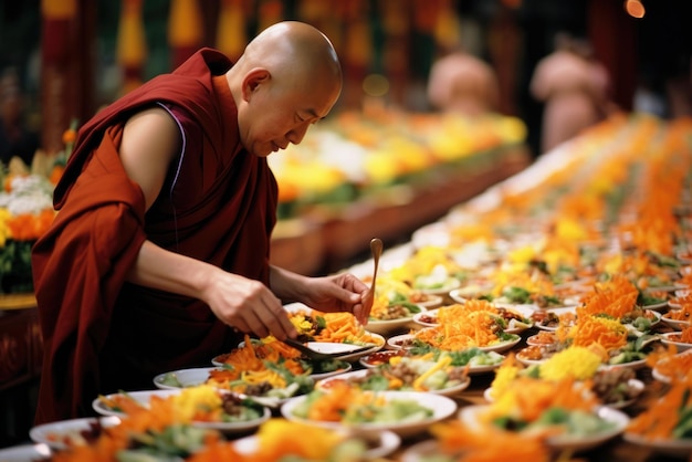 Em um templo budista, os adoradores oferecem comida como um ato de reverência. O arranjo de frutas e flores.