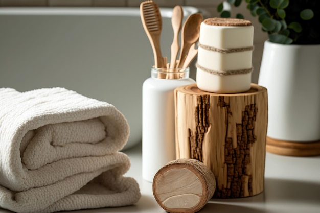 Em um toco de madeira maciça em um design de banheiro contemporâneo, estão toalhas de linho orgânicas e itens de banheiro sem desperdício Conceito de banheiro com zero desperdício para cuidados pessoais diários, spa e bem-estar