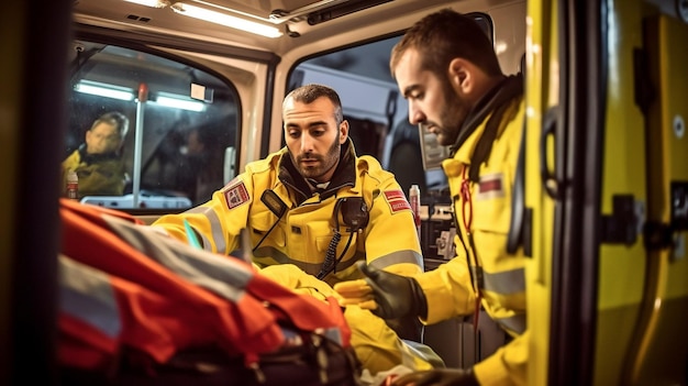 Em uma ambulância, paramédicos fazem ressuscitação cardiopulmonar usando generative ai