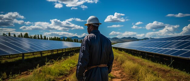 Em uma área de fazenda de energia solar, um engenheiro está instalando um painel solar