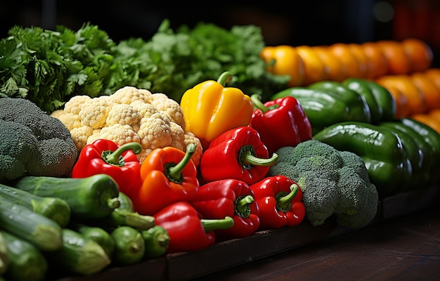 Foto em uma barraca de mercado de agricultores com uma seleção de frutas e legumes frescos cuidadosamente organizados em cores vibrantes