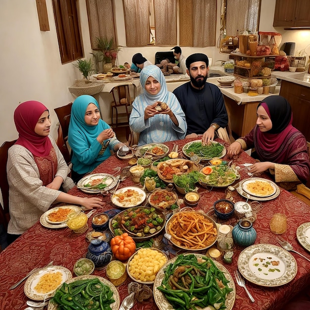 Em uma casa aconchegante, uma família muçulmana senta-se em torno da mesa de jantar compartilhando AI_Generated.