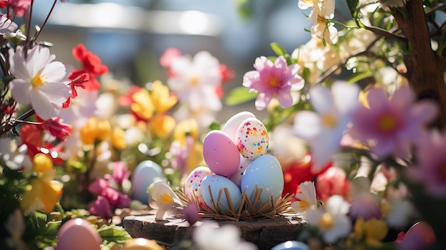 Em uma cena de jardim, ovos de Páscoa vibrantes são habilmente escondidos em meio a flores de primavera em flor