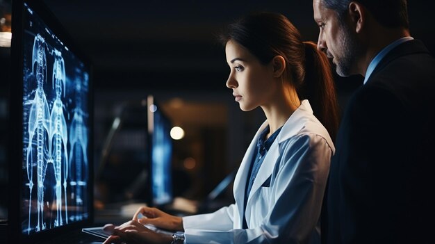 Foto em uma clínica, um médico está examinando um raio-x ao lado de um paciente. o paciente ainda está sendo observado por um médico. terapia de escolha e correção de curso