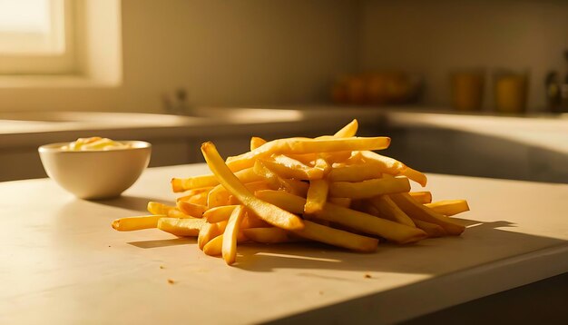 Foto em uma cozinha bem iluminada, uma mesa de madeira suporta batatas fritas.