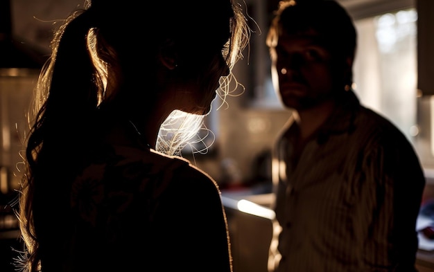 Foto em uma cozinha discreta, a iluminação de fundo descreve uma troca tensa entre um homem e uma mulher.