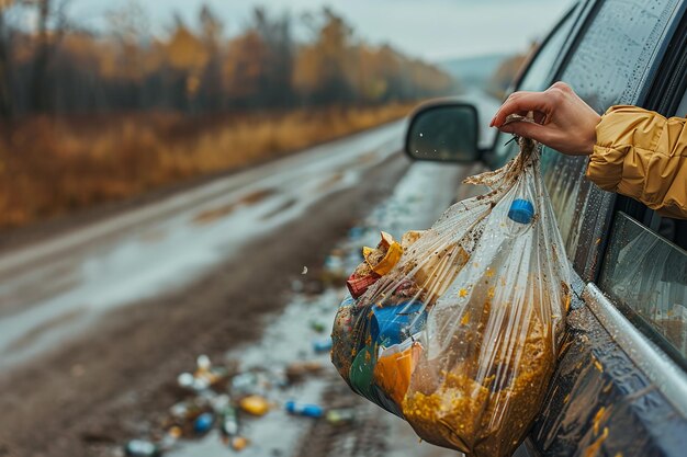 Foto em uma estrada rural ao anoitecer, uma visão profunda de uma pessoa baixando o lixo pela janela do carro, segura a ideia da terra e do espaço.