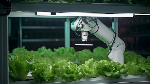 Em uma estufa hidropônica empregando a tecnologia Smart Farming e Generative AI, um braço robótico colhe alface