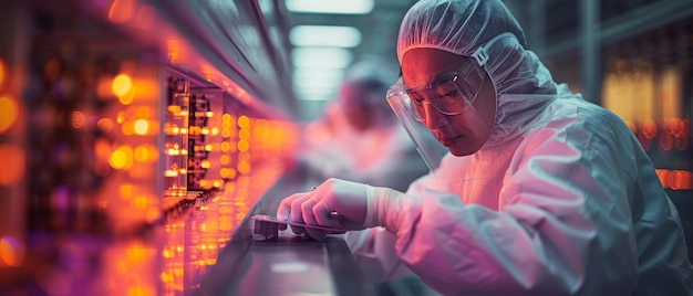 Foto em uma fábrica de semicondutores, um técnico asiático verifica com luvas uma bolacha que reflete muitas cores