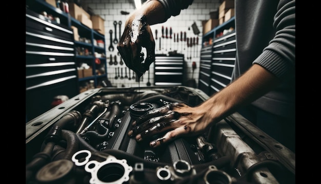 Em uma garagem bem iluminada, uma foto em close captura as mãos de um mecânico manchadas de graxa escura enquanto eles trabalham habilmente no motor de um carro