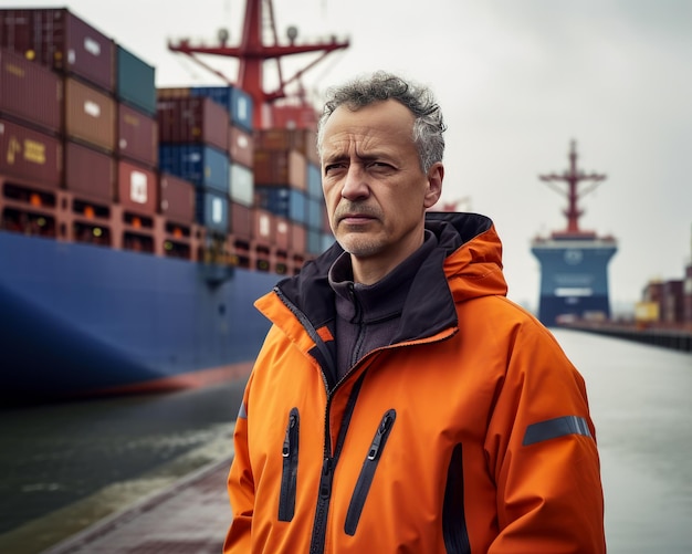 Em uma jaqueta laranja de pé na frente de um navio de contêineres Um homem em uma jaqueta laranja de pé na frente de um navio de carga