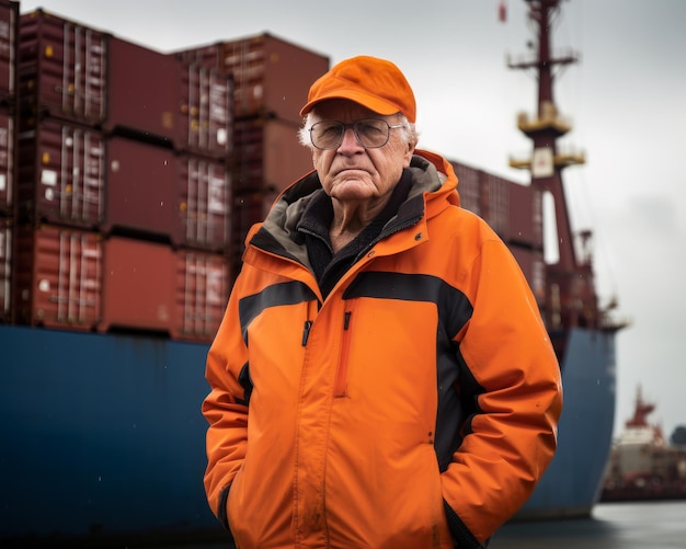 Em uma jaqueta laranja de pé na frente de um navio de contêineres Um homem em uma jaqueta laranja de pé na frente de um navio de carga