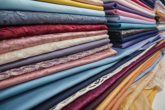 Em uma loja de têxteis há tecidos de várias cores e vários materiais, como tecido, renda, cetim, linho, conceito de costura, cores, tecidos, roupas e moda.