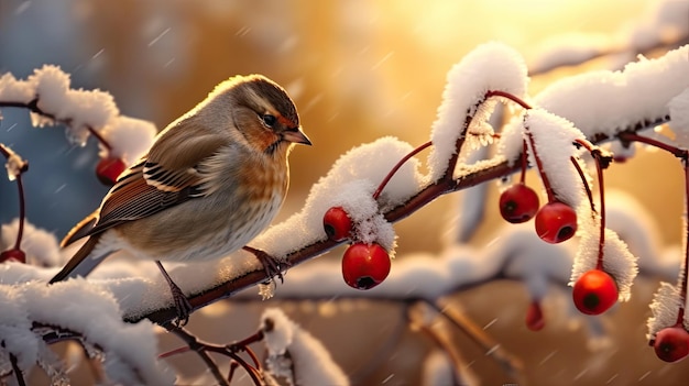 Em uma manhã fria de inverno, um pardal congelado empoleirado em um galho espinhoso e coberto de neve de uma rosa mosqueta com bagas vermelhas