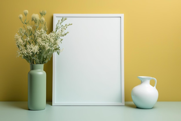 Em uma mesa ao lado de uma parede colorida há uma moldura em branco e um vaso de flores Rascunho para um projeto