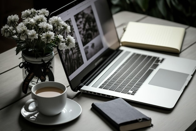 Em uma mesa cinza, há um laptop com uma tela vazia, uma xícara de café, um diário, livros e uma planta de flores