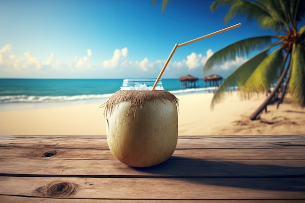 Em uma mesa de madeira com uma praia e um céu azul ao fundo suco de coco