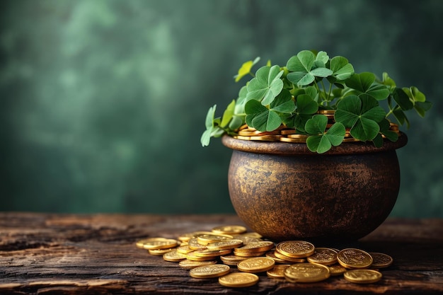 Em uma mesa de madeira contra um fundo verde um pote de moedas de ouro e trevo para o Dia de São Patrício