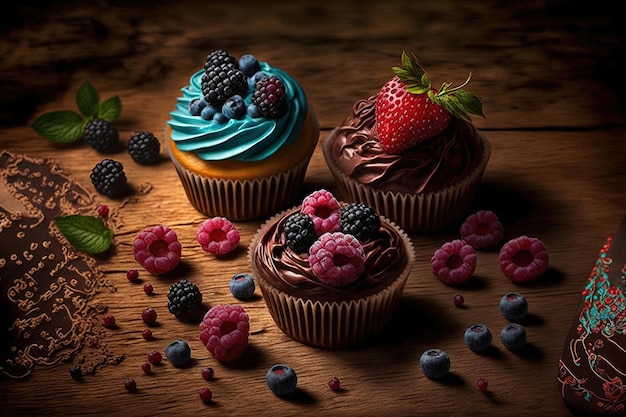 Em uma mesa de madeira, lindos cupcakes com frutas são mostrados