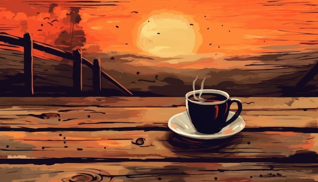 Em uma mesa de madeira, uma xícara de café Ilustração Generative AI