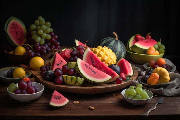 em uma mesa de madeira variedades de frutas da estação