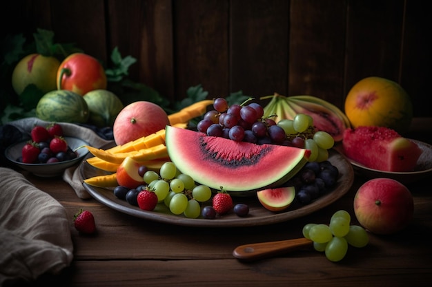 em uma mesa de madeira variedades de frutas da estação