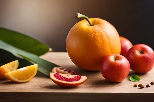 Em uma mesa há um sussurro de frutas cortadas realista