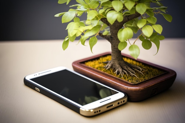 Em uma mesa marrom, um smartphone e uma árvore Modelo de telefone