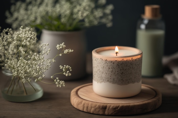 Em uma plataforma de madeira velas perfumadas em um vaso de flores Vela feita de soja e raminho de gypsophila