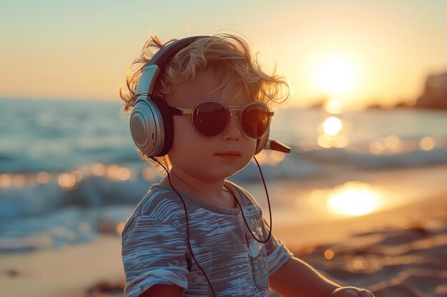 Em uma praia, um jovem com fones de ouvido e óculos de sol está DJing e espaço IA generativa