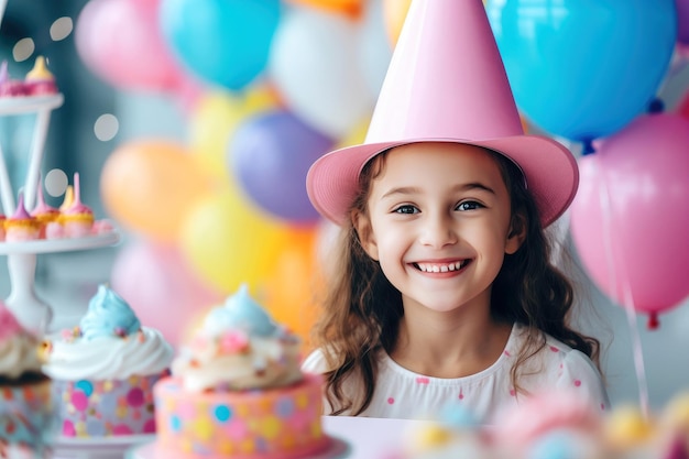 Em uma sala adornada com decorações coloridas uma menina bonita comemora alegremente seu aniversário